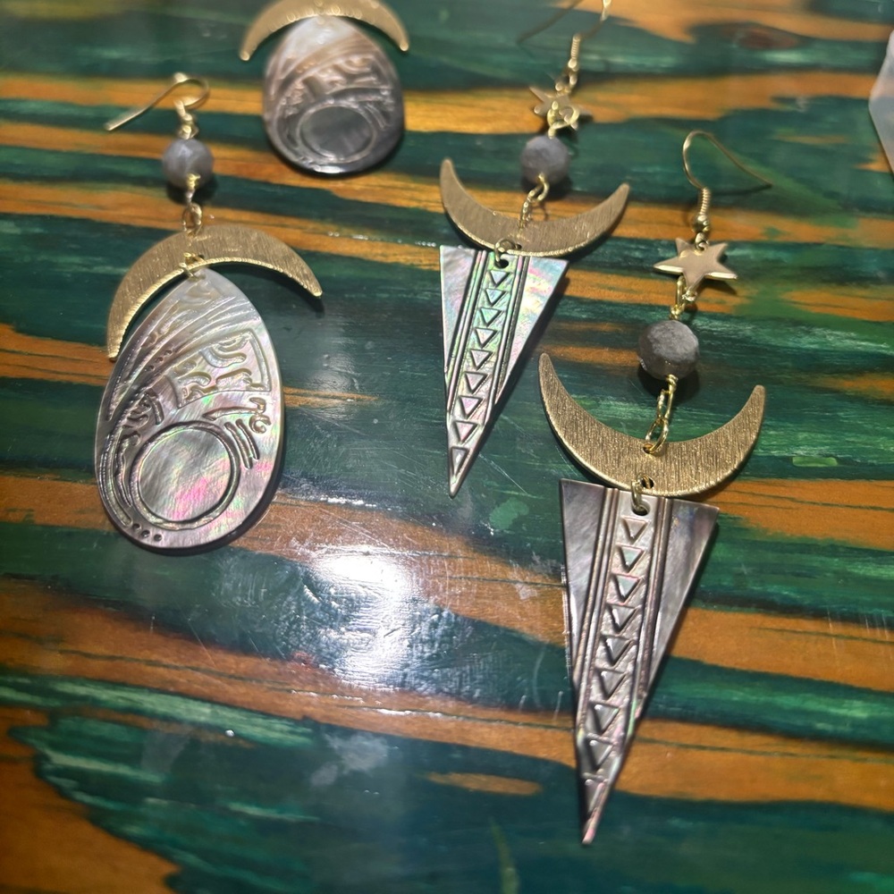 Handmade moon earrings with natural labradorite and black shell.